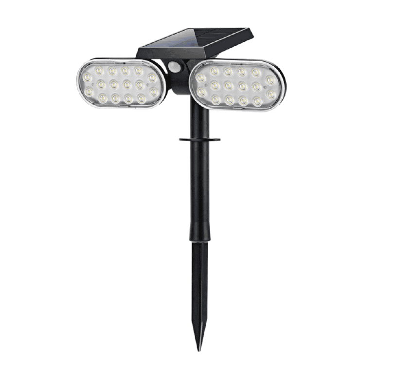 LED Solar Garden Lamp Two Head 3000K Plastic Light 3W 300LM Floor Install 18650 Battery IP54 PIR Sensor