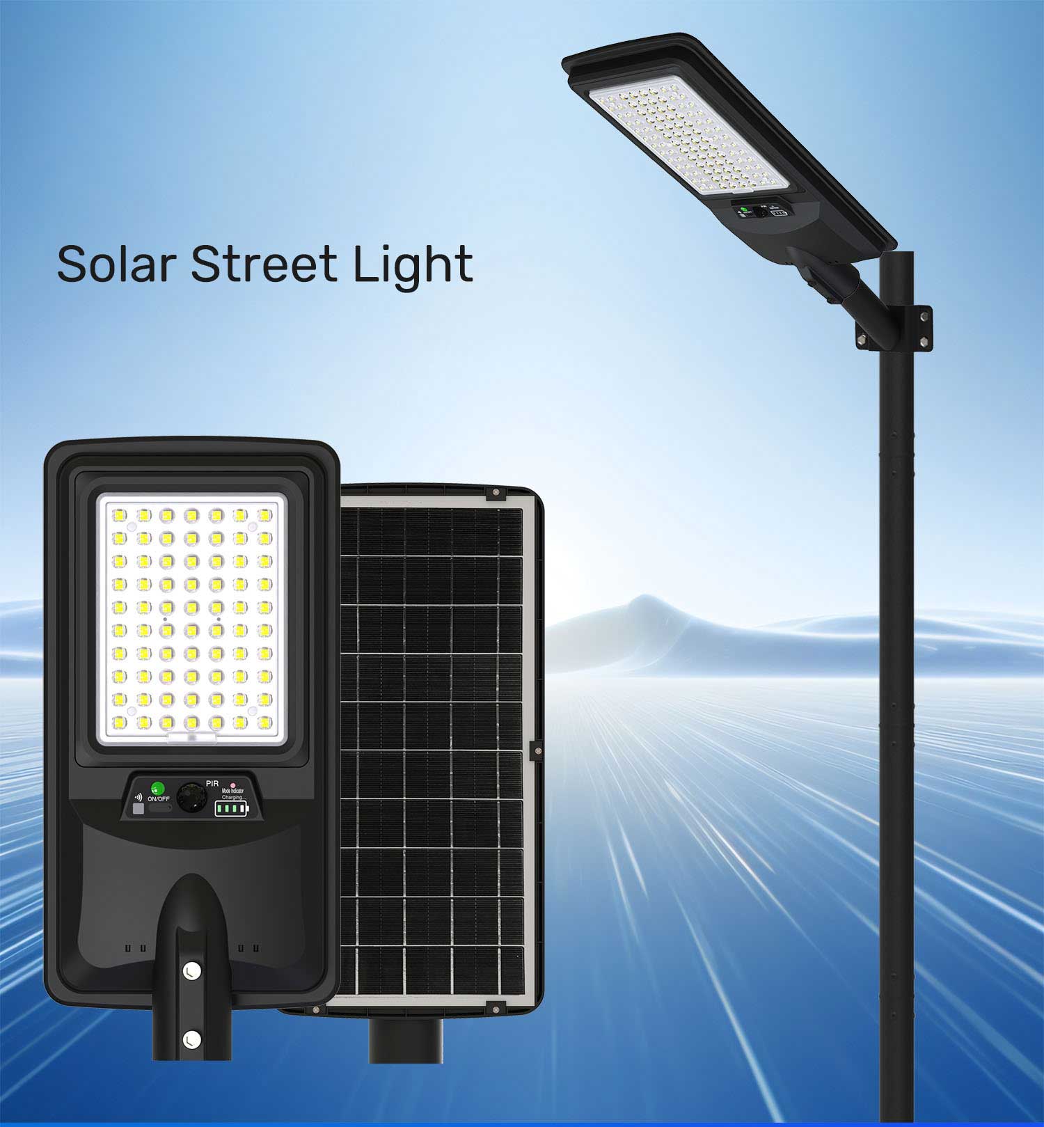 Integrated Solar Street Light with PIR Sensor IP65 Waterproof Battery Level Display ABS Body Updated LED Design for Outdoor Use
