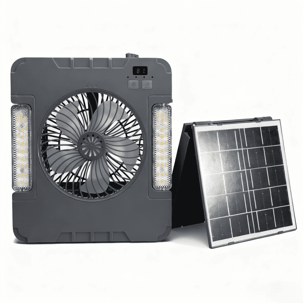 New Design LED Portable Rechargeable Work Light with Fan and Retractable Solar Panels 3-Speed Dimmable for Workshop Use