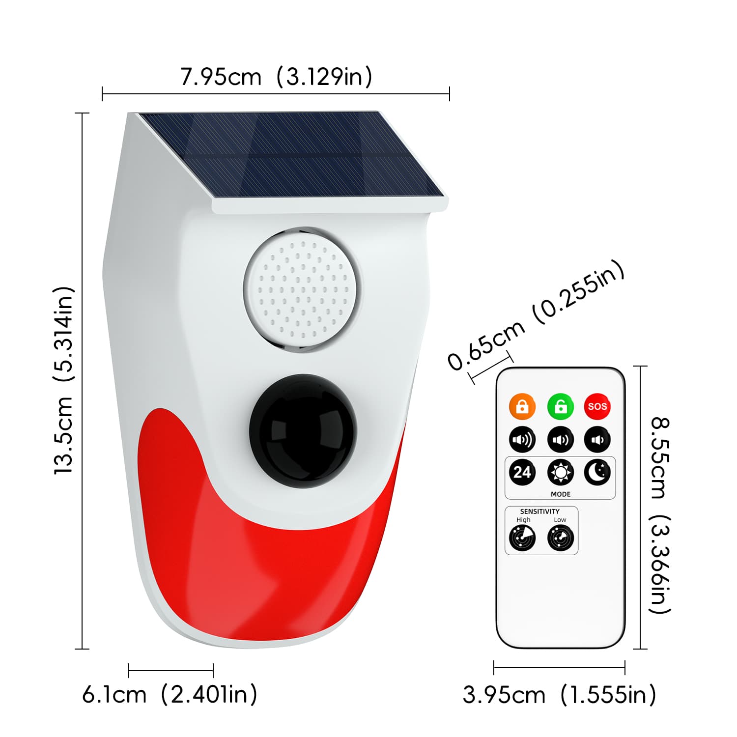 Solar&USB Charging Plastic Home Security IP65 Waterproof Sound Detection 120DB Alarm 3 Working Mode Smart Remote Control 18650