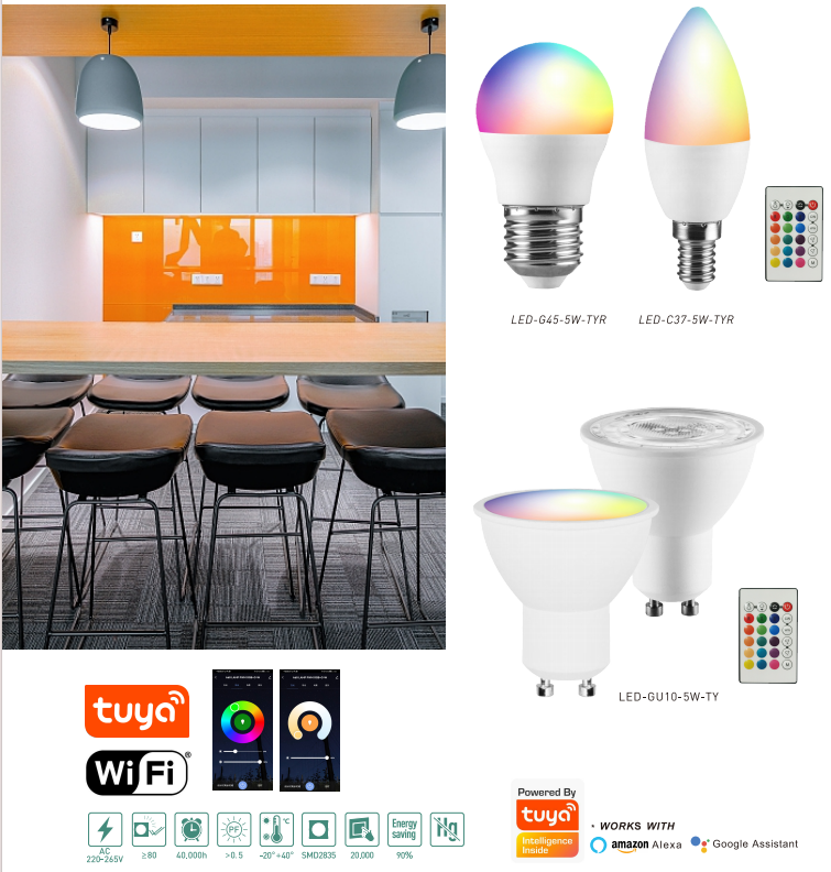 LED-GU10-5W-TWR  LED-C37-5W-TWR LED-G45-5W-TWR LED Smart Bulb